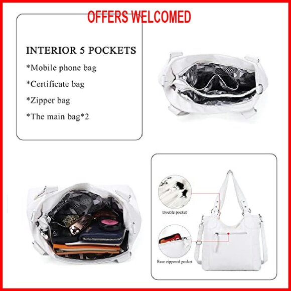 Large Vegan Leather Hobo Bag Crossbody Shoulder Tote Multi-Function Pockets - Picture 7 of 8